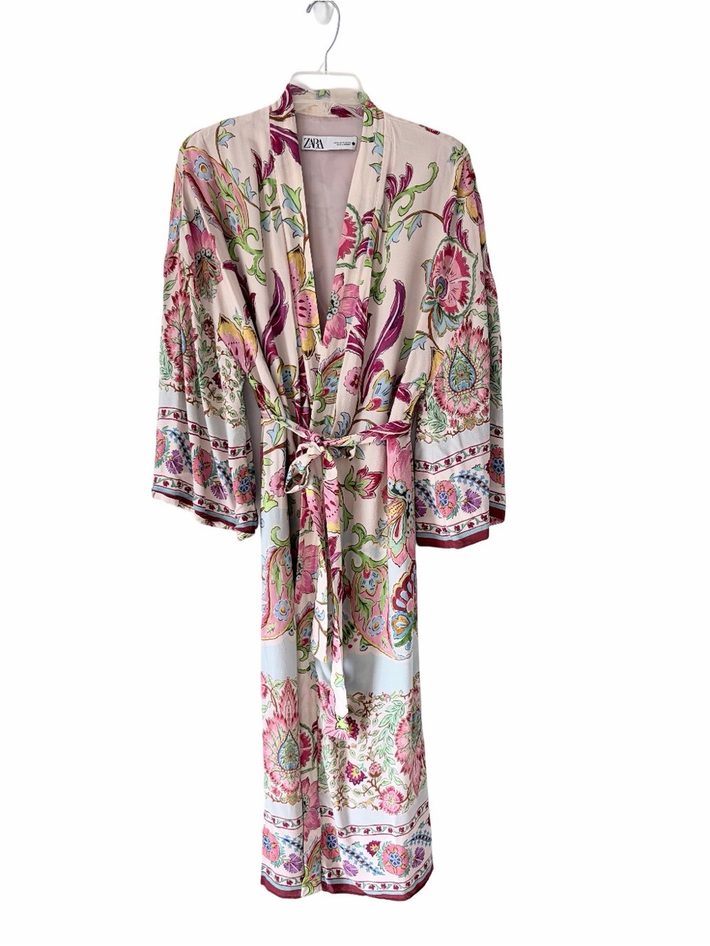 Zara Blush Pink Open Floral Belted Kimono Robe Duster size XS Side Slits - Picture 2 of 11